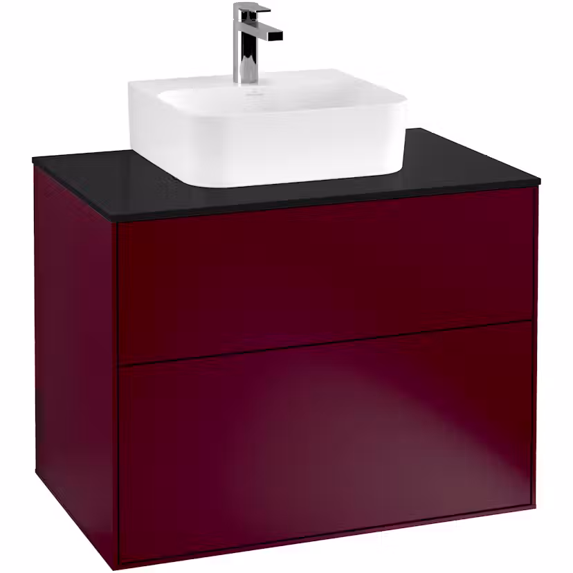 Tvättställsskåp Villeroy & Boch Finion med 2 Lådor och Bänkskiva för Kompakt Tvättställ Pion Mattlack med bänkskiva i Mattsvart glas med Väggbelysning