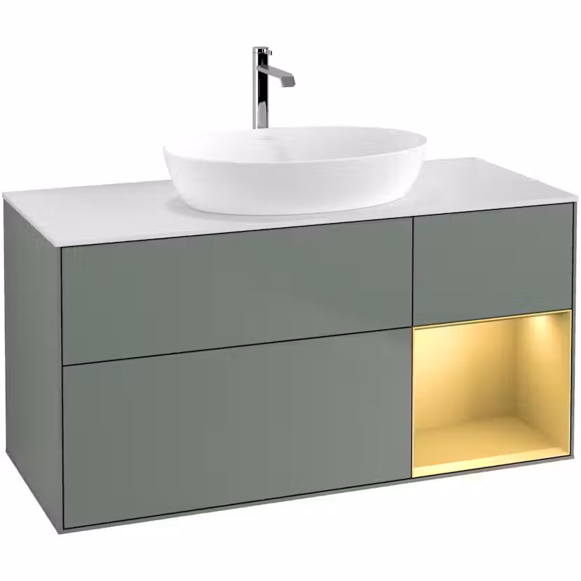 Tvättställsskåp Villeroy & Boch Finion med 3 Lådor Hylla och Bänkskiva för Fristående Tvättställ från Artis & Collaro Oliv Mattlack/Guld Mattlack med bänkskiva i Mattvitt glas med Väggbelysning, Lucka Höger Utan Blandarhål