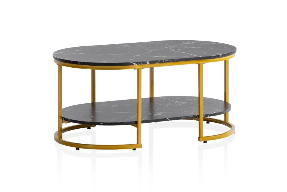 Soffbord Wohnling marmorutseende ovalt 100 cm med förvaringshylla, Bauhaus-stil Marmor Svart