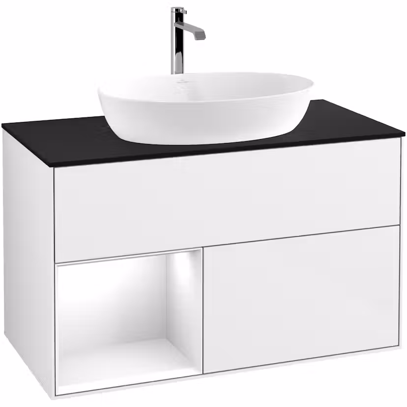 Tvättställsskåp Villeroy & Boch Finion med 2 Lådor Hylla och Bänkskiva för Fristående Tvättställ från Artis & Collaro Vit Högblank/Vit Högblank med bänkskiva i Mattsvart glas med Väggbelysning, Lucka Vänster Med Blandarhål