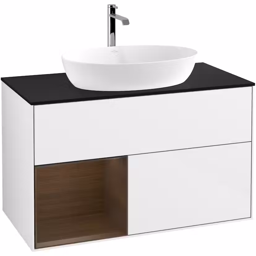 Tvättställsskåp Villeroy & Boch Finion med 2 Lådor Hylla och Bänkskiva för Fristående Tvättställ från Artis & Collaro Vit Högblank/Valnötsfanér med bänkskiva i Mattsvart glas med Väggbelysning, Lucka Vänster Utan Blandarhål