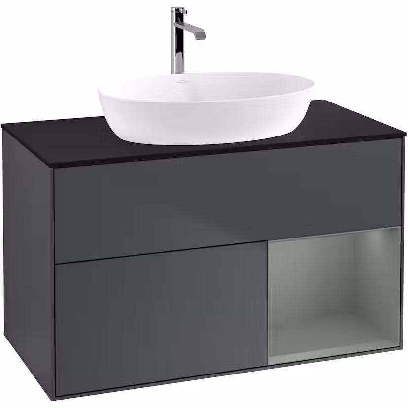 Tvättställsskåp Villeroy & Boch Finion med 2 Lådor Hylla och Bänkskiva för Fristående Tvättställ från Artis & Collaro Midnattsblå Mattlack/Oliv Mattlack med bänkskiva i Mattsvart glas med Väggbelysning, Lucka Höger Utan Blandarhål