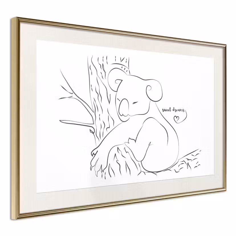 Poster Artgeist Affisch Sleepy Koala Guld ram med passepartout, 30x20 cm