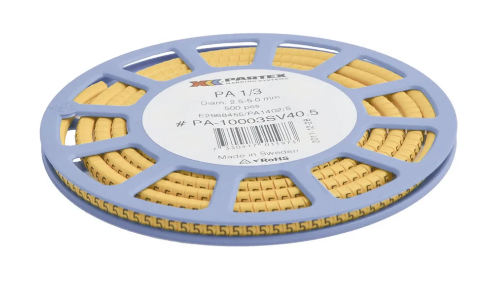 Partex PA2/4 Märkhylsa siffror, gul, smal, 250 st/rulle Text: 2