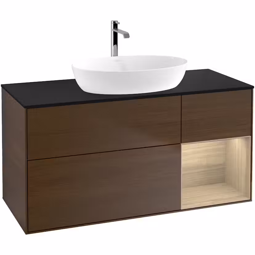 Tvättställsskåp Villeroy & Boch Finion med 3 Lådor Hylla och Bänkskiva för Fristående Tvättställ från Artis & Collaro Valnötsfanér/Ekfanér med bänkskiva i Mattsvart glas med Väggbelysning, Lucka Höger Med Blandarhål
