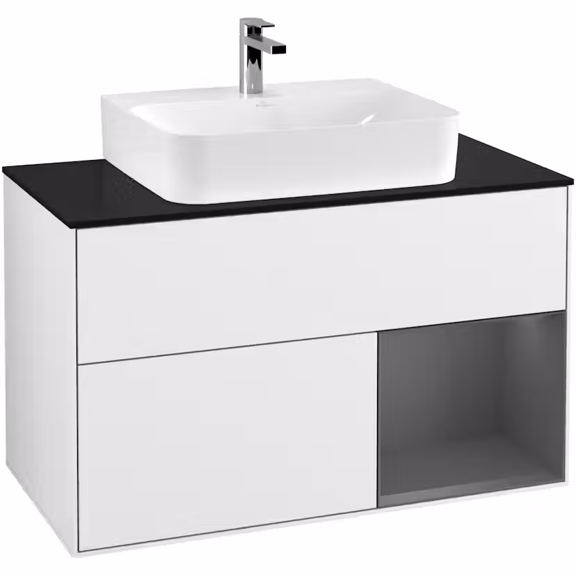 Tvättställsskåp Villeroy & Boch Finion med 2 Lådor Hylla och Bänkskiva för Centrerat Tvättställ Vit Högblank/Antracitgrå Mattlack med bänkskiva i Mattsvart glas, Lucka Höger