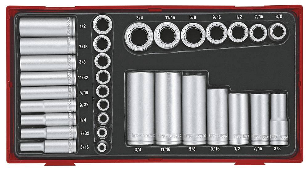 Teng Tools Hylssats TTAF3212 1/4 & 3/8 12-kant 32 delar, tum, korta och långa