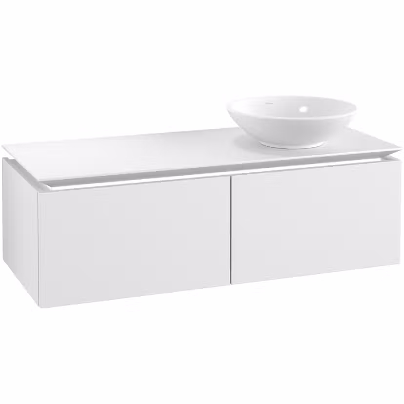 Tvättställsskåp Villeroy & Boch Legato Kompakt 1200 med 2 Lådor för Ocentrerat Ytmonterat Tvättställ Mattvit med Belysning, Tvättställ Höger