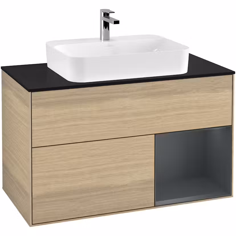Tvättställsskåp Villeroy & Boch Finion med 2 Lådor Hylla och Bänkskiva för Ytmonterat Tvättställ Ekfanér/Midnattsblå Mattlack med bänkskiva i Mattsvart glas med Väggbelysning, Lucka Höger