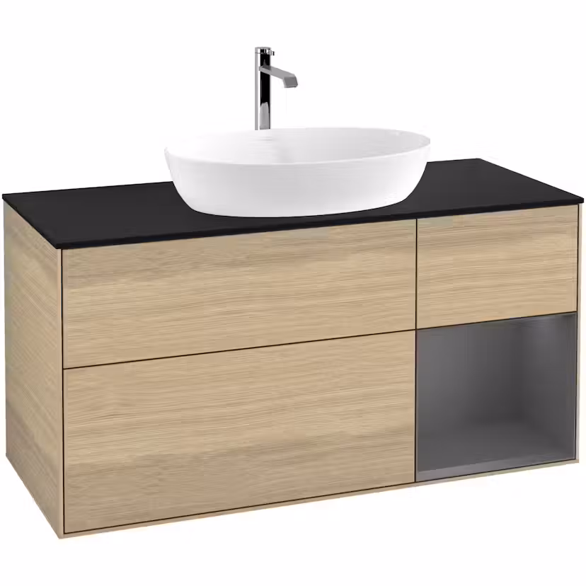 Tvättställsskåp Villeroy & Boch Finion med 3 Lådor Hylla och Bänkskiva för Fristående Tvättställ från Artis & Collaro Ekfanér/Antracitgrå Mattlack med bänkskiva i Mattsvart glas med Väggbelysning, Lucka Höger Med Blandarhål