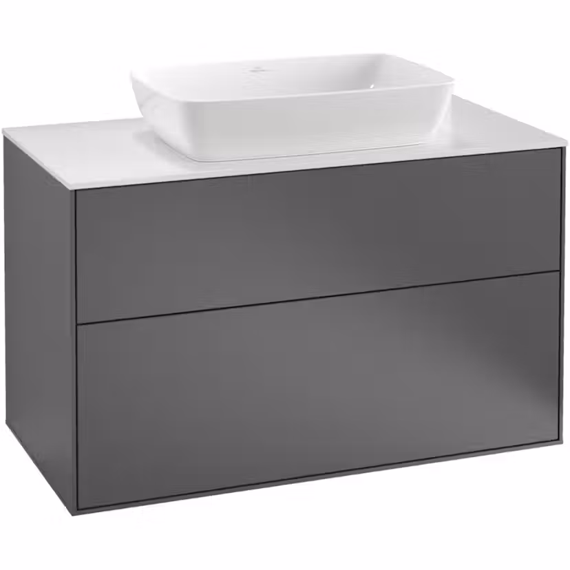 Tvättställsskåp Villeroy & Boch Finion med 2 Lådor och Bänkskiva för Fristående Tvättställ från Artis & Collaro Antracitgrå Mattlack B: 1000 mm med bänkskiva i Mattvitt glas Med Blandarhål