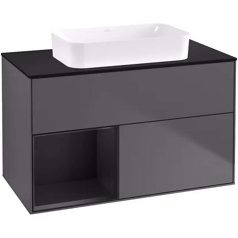 Tvättställsskåp Villeroy & Boch Finion med 2 Lådor Hylla och Bänkskiva för Fristående Tvättställ Antracitgrå Mattlack/Svart Mattlack med bänkskiva i Mattsvart glas med Väggbelysning, Lucka Vänster utan Blandarhål