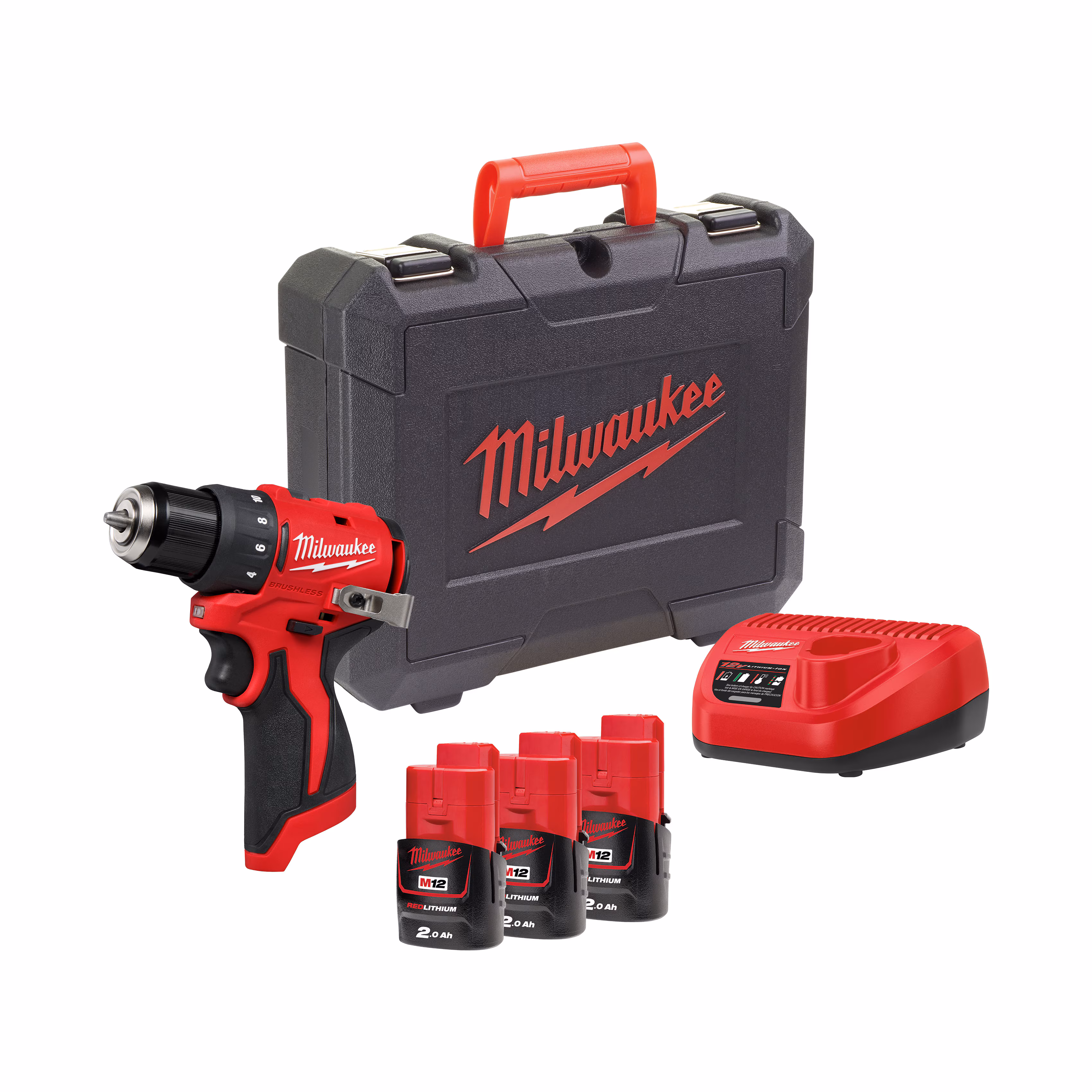 Kjøp Milwaukee Bor-/skrutrekker kompakt M12, BLDDRC-203C, inkl. 3x2,0Ah batterier, lader og veske