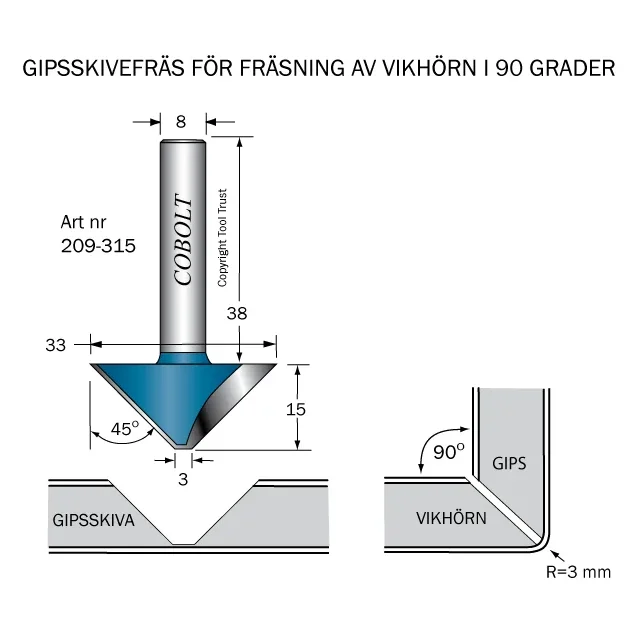 Cobolt 209-315 Gipskivefräs 45° D=33 L=15 TL=53 S=8