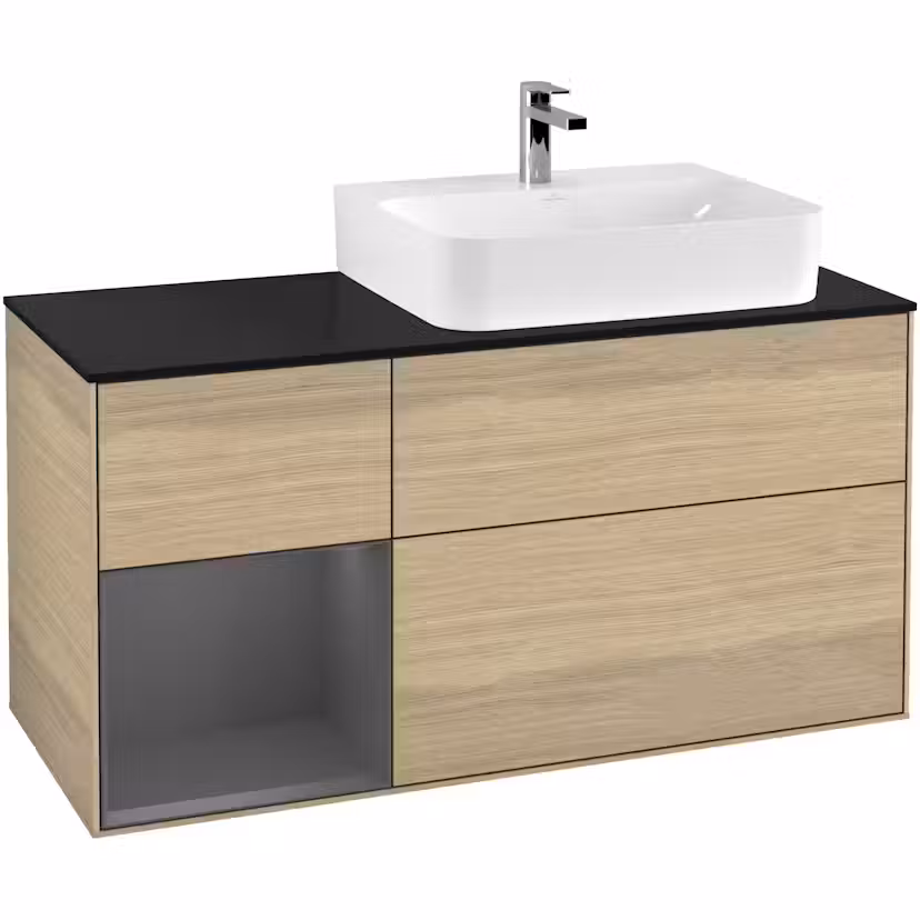 Tvättställsskåp Villeroy & Boch Finion med 3 Lådor Hylla och Bänkskiva för Ocentrerat Tvättställ Ekfanér/Antracitgrå Mattlack med bänkskiva i Mattsvart glas med Väggbelysning, Lucka Vänster