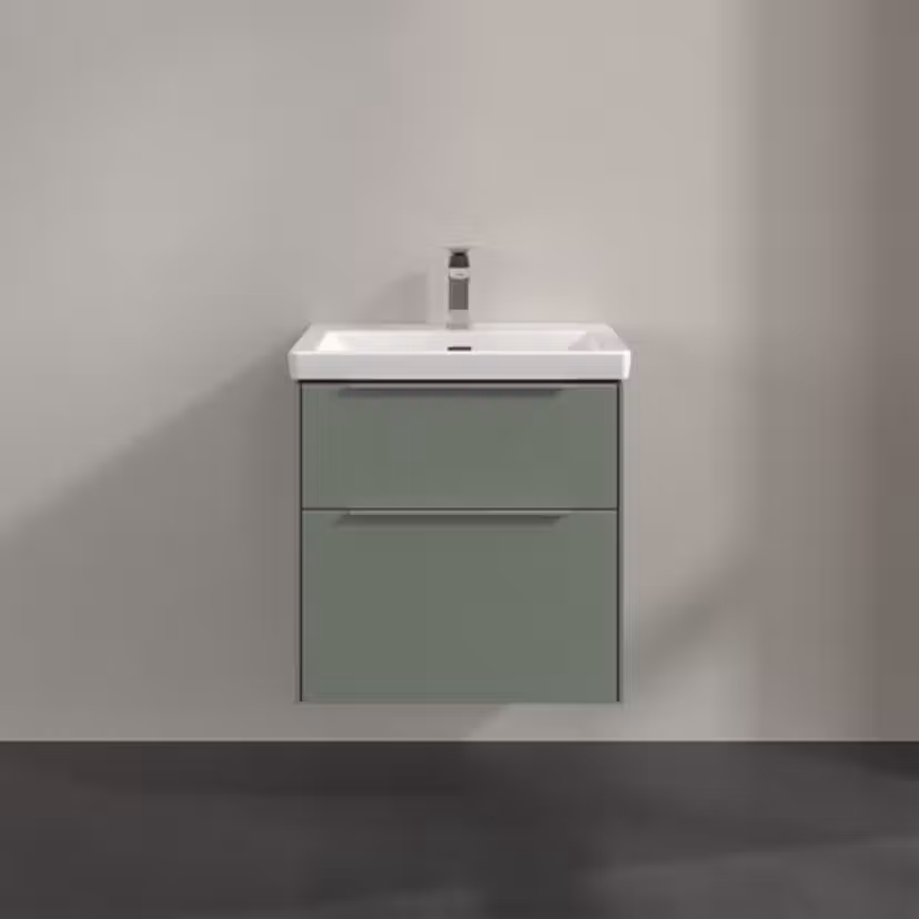 Tvättställsskåp Villeroy & Boch Subway 3.0 med 2 Lådor Färg: Soft Green. Bredd: 572 mm, Handtag: Ja, Blank Aluminium