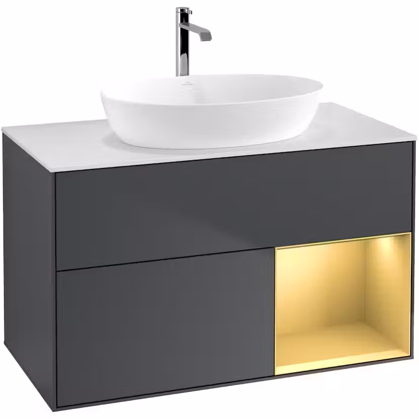 Tvättställsskåp Villeroy & Boch Finion med 2 Lådor Hylla och Bänkskiva för Fristående Tvättställ från Artis & Collaro Midnattsblå Mattlack/Guld Mattlack med bänkskiva i Mattvitt glas med Väggbelysning, Lucka Höger Utan Blandarhål