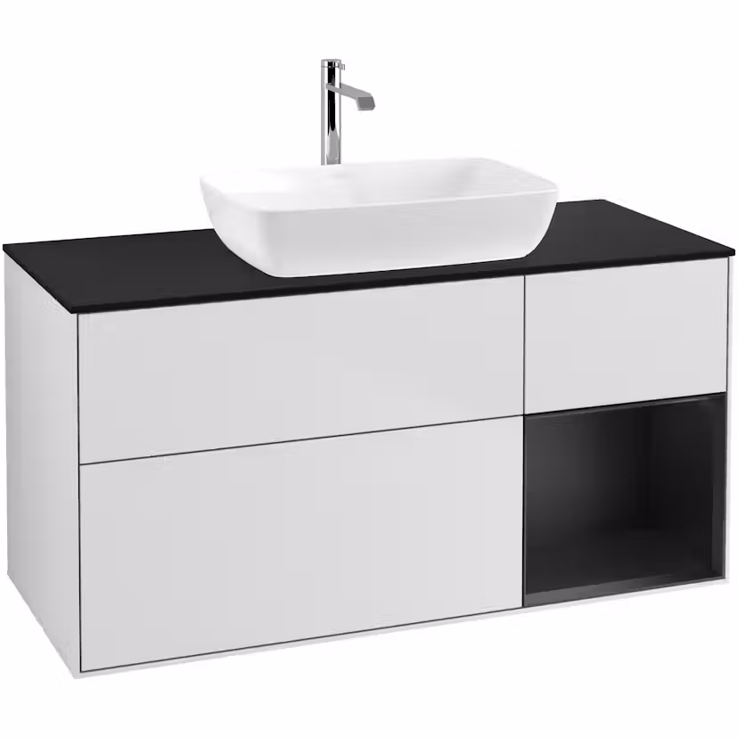 Tvättställsskåp Villeroy & Boch Finion med 3 Lådor Hylla och Bänkskiva för Fristående Tvättställ från Artis & Collaro Vit Mattlack/Svart Mattlack med bänkskiva i Mattsvart glas, Lucka Höger Med Blandarhål