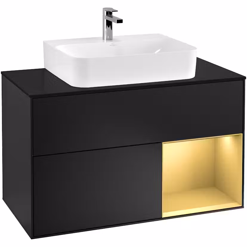 Tvättställsskåp Villeroy & Boch Finion med 2 Lådor Hylla och Bänkskiva för Centrerat Tvättställ Svart Mattlack/Guld Mattlack med bänkskiva i Mattsvart glas, Lucka Höger