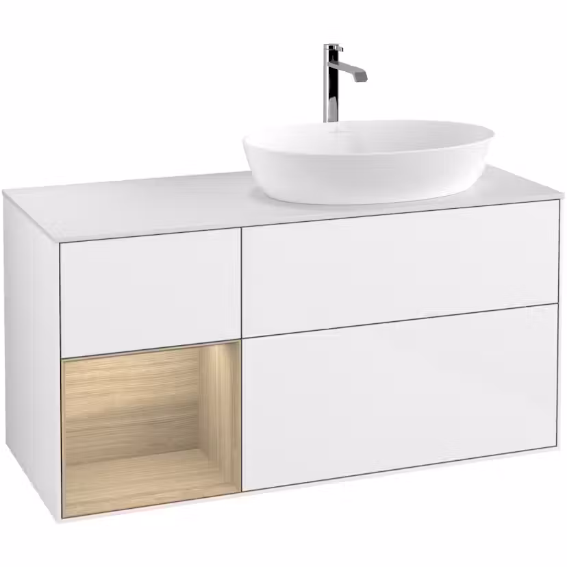 Tvättställsskåp Villeroy & Boch Finion med 3 Lådor Hylla och Bänkskiva för Ocentrerat Tvättställ från Artis & Collaro Vit Högblank/Ekfanér med bänkskiva i Mattvitt glas med Väggbelysning, Lucka Vänster Med Blandarhål