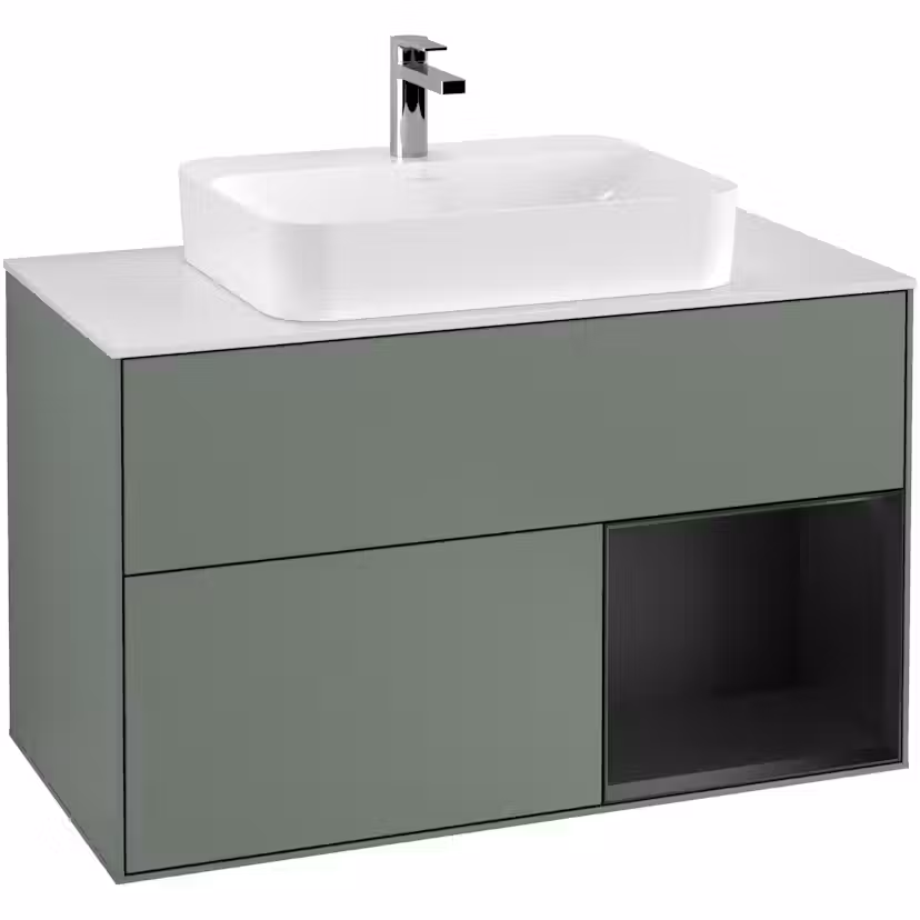 Tvättställsskåp Villeroy & Boch Finion med 2 Lådor Hylla och Bänkskiva för Ytmonterat Tvättställ Oliv Mattlack/Svart Mattlack med bänkskiva i Mattvitt glas med Väggbelysning, Lucka Höger