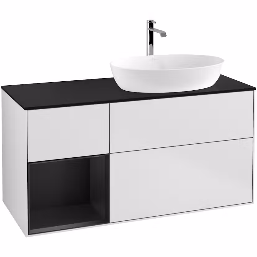 Tvättställsskåp Villeroy & Boch Finion med 3 Lådor Hylla och Bänkskiva för Ocentrerat Tvättställ från Artis & Collaro Vit Mattlack/Svart Mattlack med bänkskiva i Mattsvart glas med Väggbelysning, Lucka Vänster Med Blandarhål