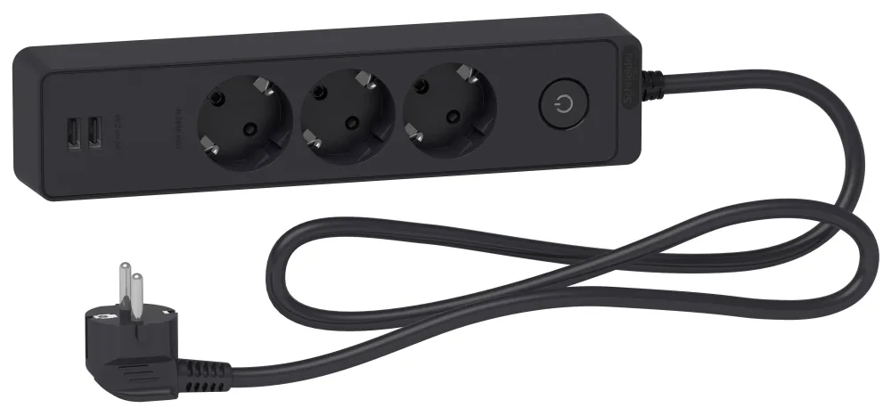 Schneider Electric Unica Extend Grenuttag 3-vägs, jordat, 2xUSB, 1.5 m Vit - Bild 2