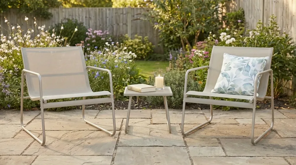 Pelanda Caféset Utomhus - Bord med frostad glasskiva och fåtöljer i stål