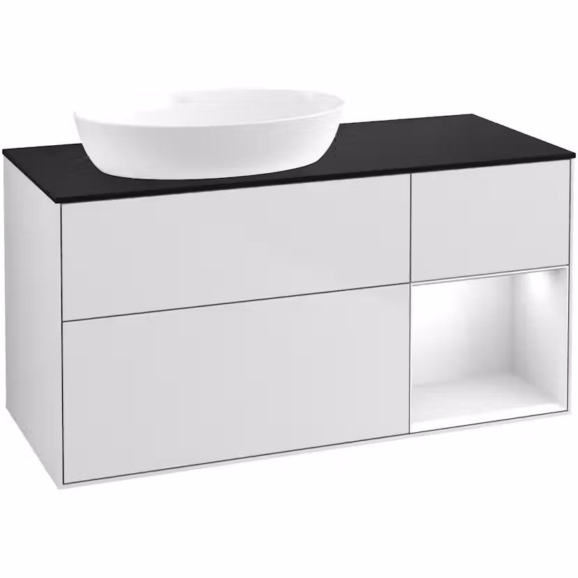 Tvättställsskåp Villeroy & Boch Finion med 3 Lådor Hylla och Bänkskiva för Ocentrerat Tvättställ från Artis & Collaro Vit Mattlack/Vit Högblank med bänkskiva i Mattsvart glas, Lucka Höger Utan Blandarhål utan Väggbelysning