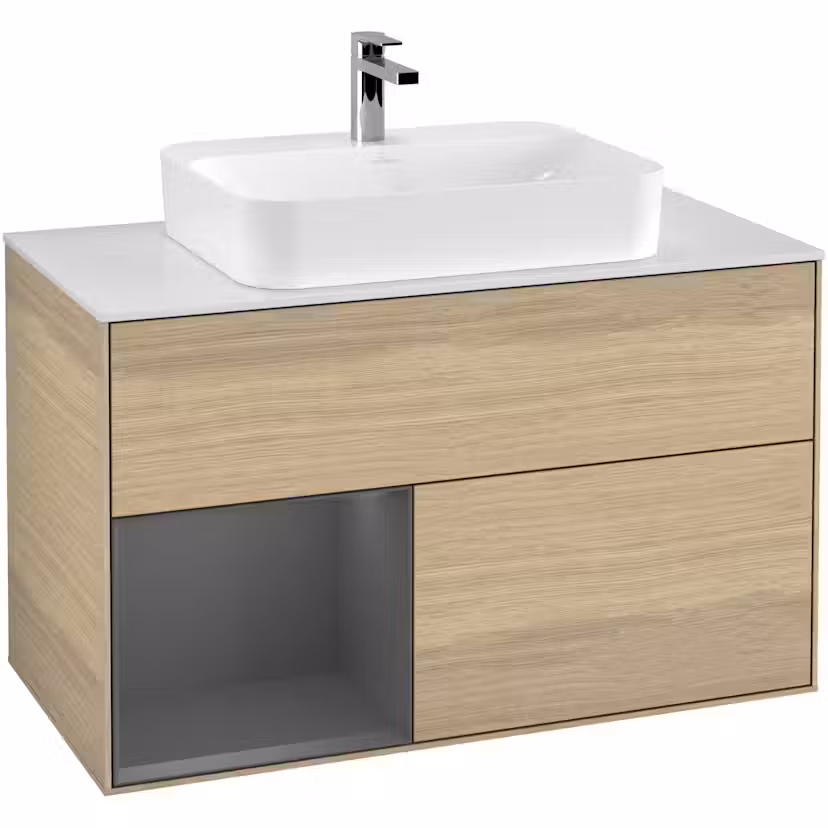 Tvättställsskåp Villeroy & Boch Finion med 2 Lådor Hylla och Bänkskiva för Ytmonterat Tvättställ Ekfanér/Antracitgrå Mattlack med bänkskiva i Mattvitt glas med Väggbelysning, Lucka Vänster