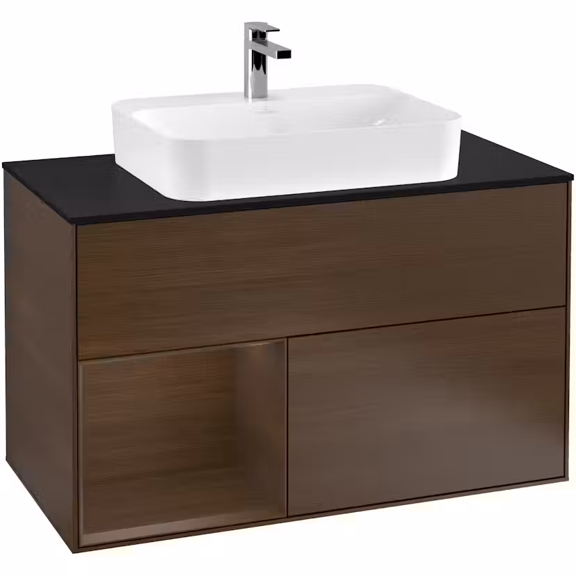 Tvättställsskåp Villeroy & Boch Finion med 2 Lådor Hylla och Bänkskiva för Ytmonterat Tvättställ Valnötsfanér/Valnötsfanér med bänkskiva i Mattsvart glas, Lucka Vänster