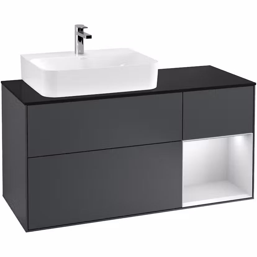 Tvättställsskåp Villeroy & Boch Finion med 3 Lådor Hylla och Bänkskiva för Ocentrerat Tvättställ Midnattsblå Mattlack/Vit Mattlack med bänkskiva i Mattsvart glas, Lucka Höger