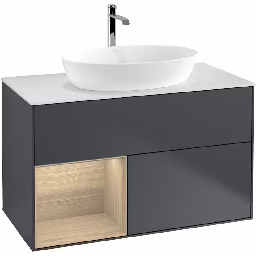 Tvättställsskåp Villeroy & Boch Finion med 2 Lådor Hylla och Bänkskiva för Fristående Tvättställ från Artis & Collaro Midnattsblå Mattlack/Ekfanér med bänkskiva i Mattvitt glas med Väggbelysning, Lucka Vänster Med Blandarhål