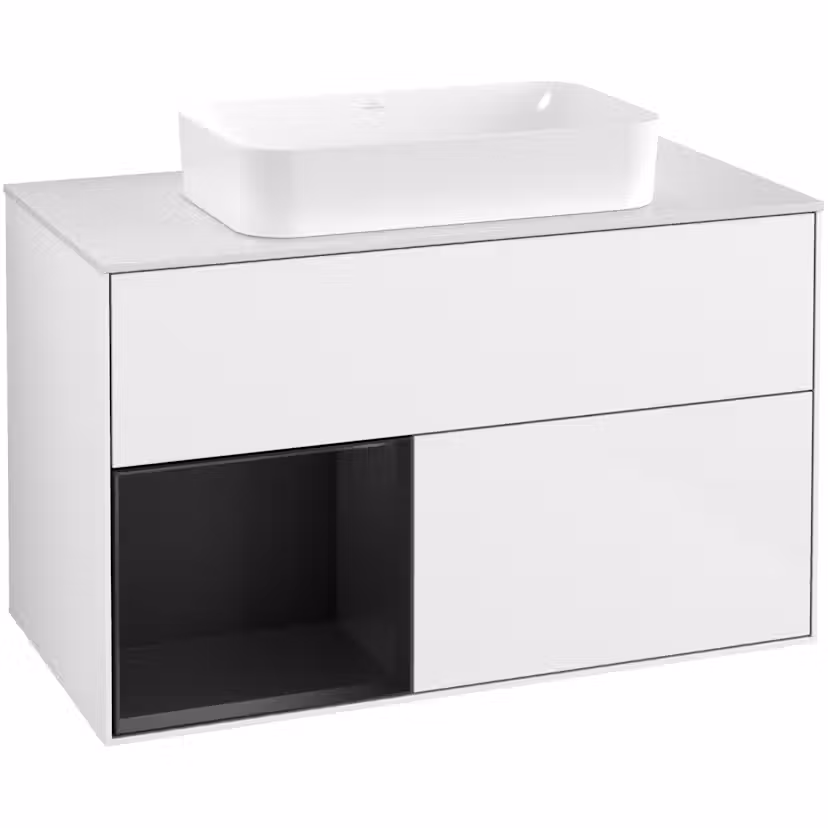 Tvättställsskåp Villeroy & Boch Finion med 2 Lådor Hylla och Bänkskiva för Fristående Tvättställ Vit Högblank/Svart Mattlack med bänkskiva i Mattvitt glas med Väggbelysning, Lucka Vänster utan Blandarhål