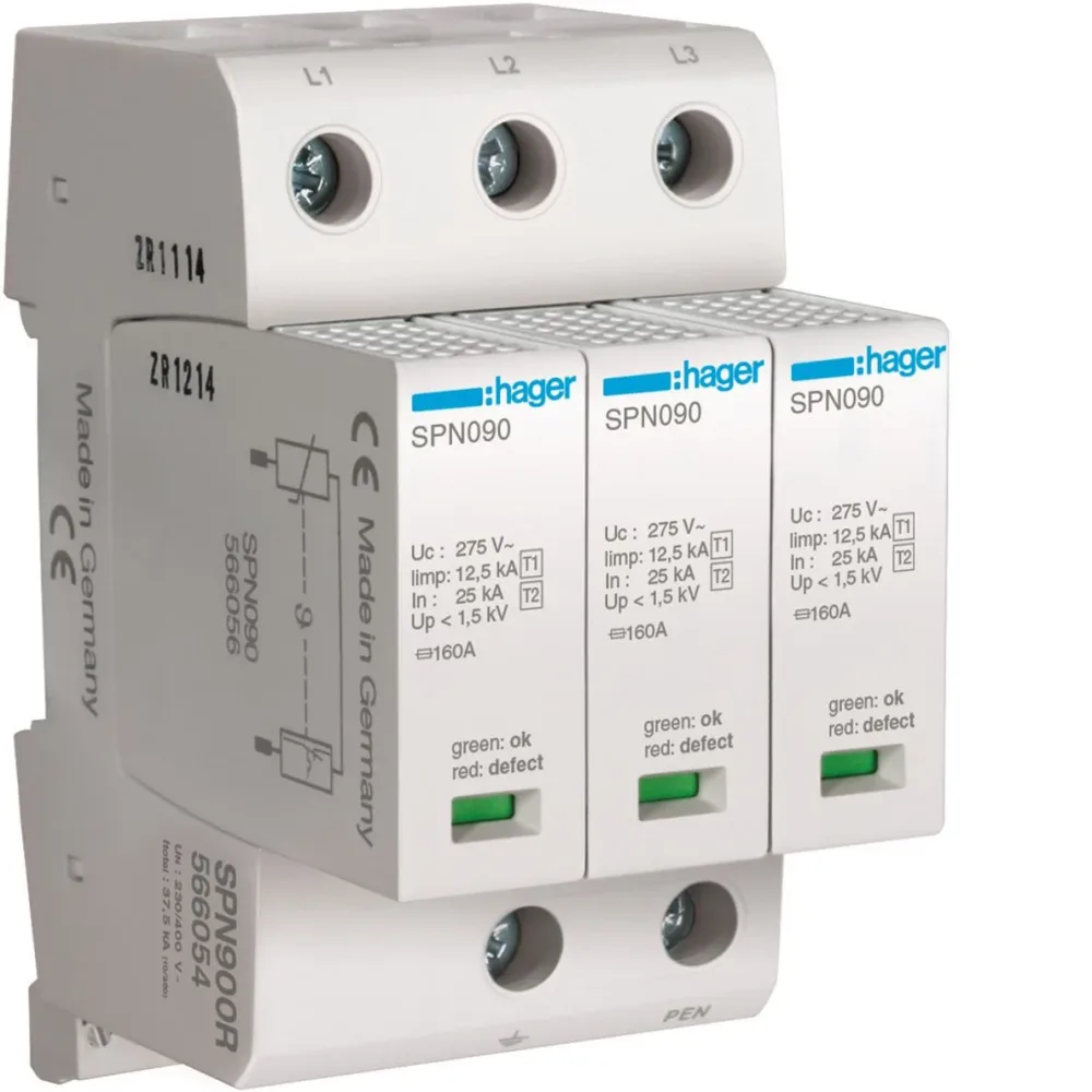Hager SPN901R Överspänningsskydd grovskydd, max 1,5 kV 4 modulavstånd, 4-polig