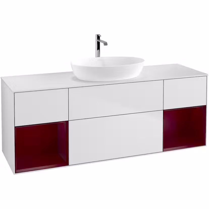 Tvättställsskåp Villeroy & Boch Finion med Två Hyllor och Bänkskiva för Fristående Tvättställ från Artis & Collaro Vit Mattlack/Pion Mattlack med bänkskiva i Mattvitt glas med Väggbelysning Utan Blandarhål utan Väggbelysning