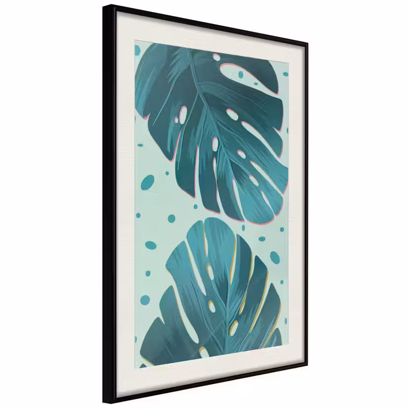 Poster Artgeist Affisch Dewy Leaves Svart ram med passepartout, 30x45 cm
