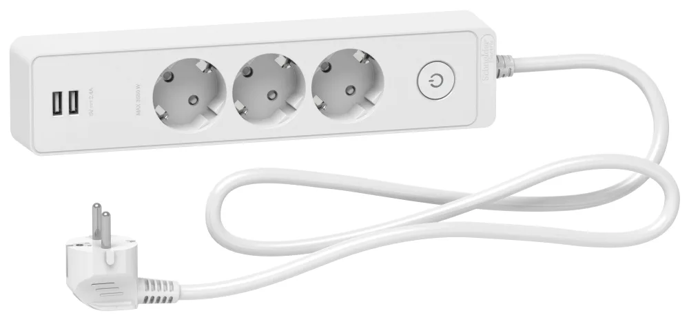 Schneider Electric Unica Extend Grenuttag 3-vägs, jordat, 2xUSB, 1.5 m Vit