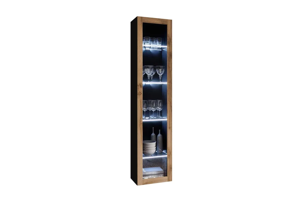 Veria Smalt Vitrinskåp Vit LED Belysning 30 cm djup 40 cm bred 180 cm hög Mörkt Trä Glas