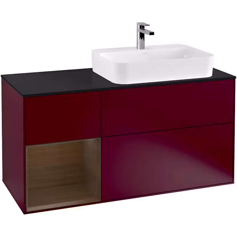 Tvättställsskåp Villeroy & Boch Finion med 3 Lådor Hylla och Bänkskiva för Ocentrerat Ytmonterat Tvättställ Pion Mattlack/Valnötsfanér med bänkskiva i Mattsvart glas med Väggbelysning, Lucka Vänster