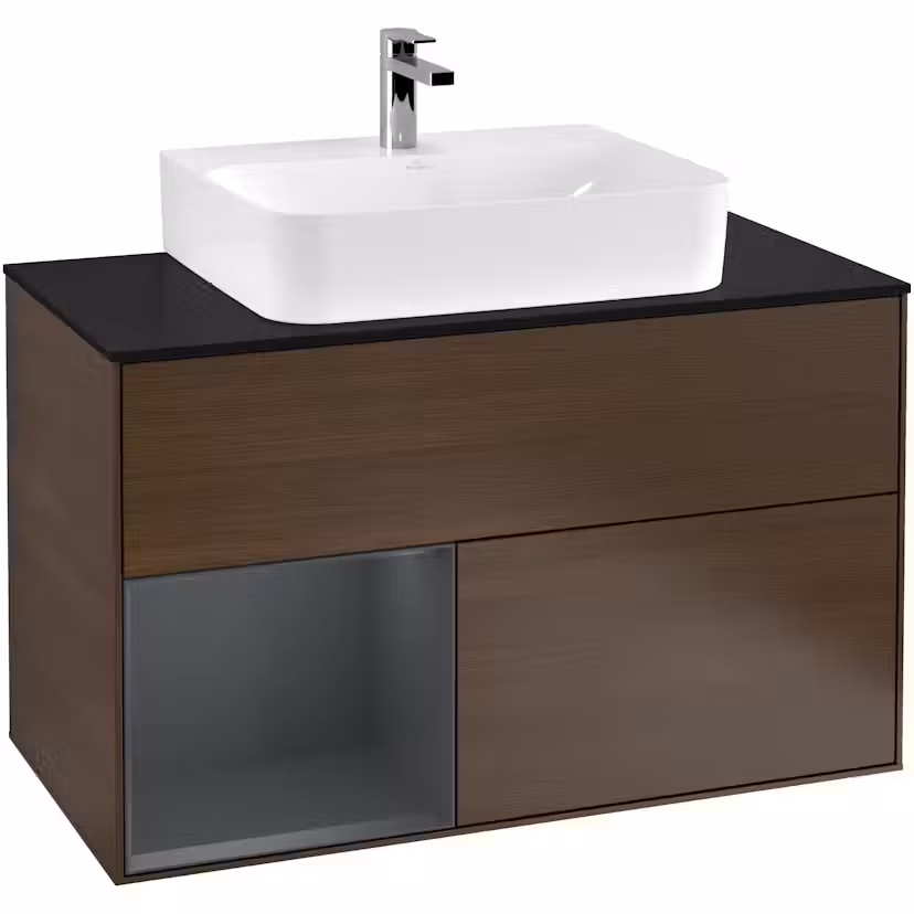 Tvättställsskåp Villeroy & Boch Finion med 2 Lådor Hylla och Bänkskiva för Centrerat Tvättställ Valnötsfanér/Midnattsblå Mattlack med bänkskiva i Mattsvart glas med Väggbelysning, Lucka Vänster