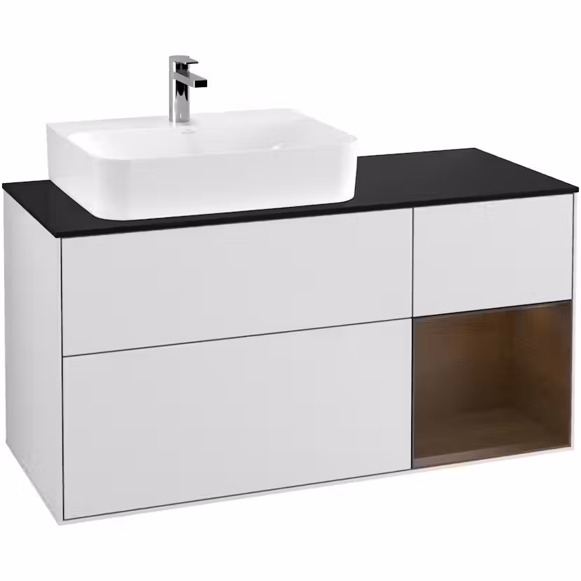 Tvättställsskåp Villeroy & Boch Finion med 3 Lådor Hylla och Bänkskiva för Ocentrerat Tvättställ Vit Mattlack/Valnötsfanér med bänkskiva i Mattsvart glas, Lucka Höger