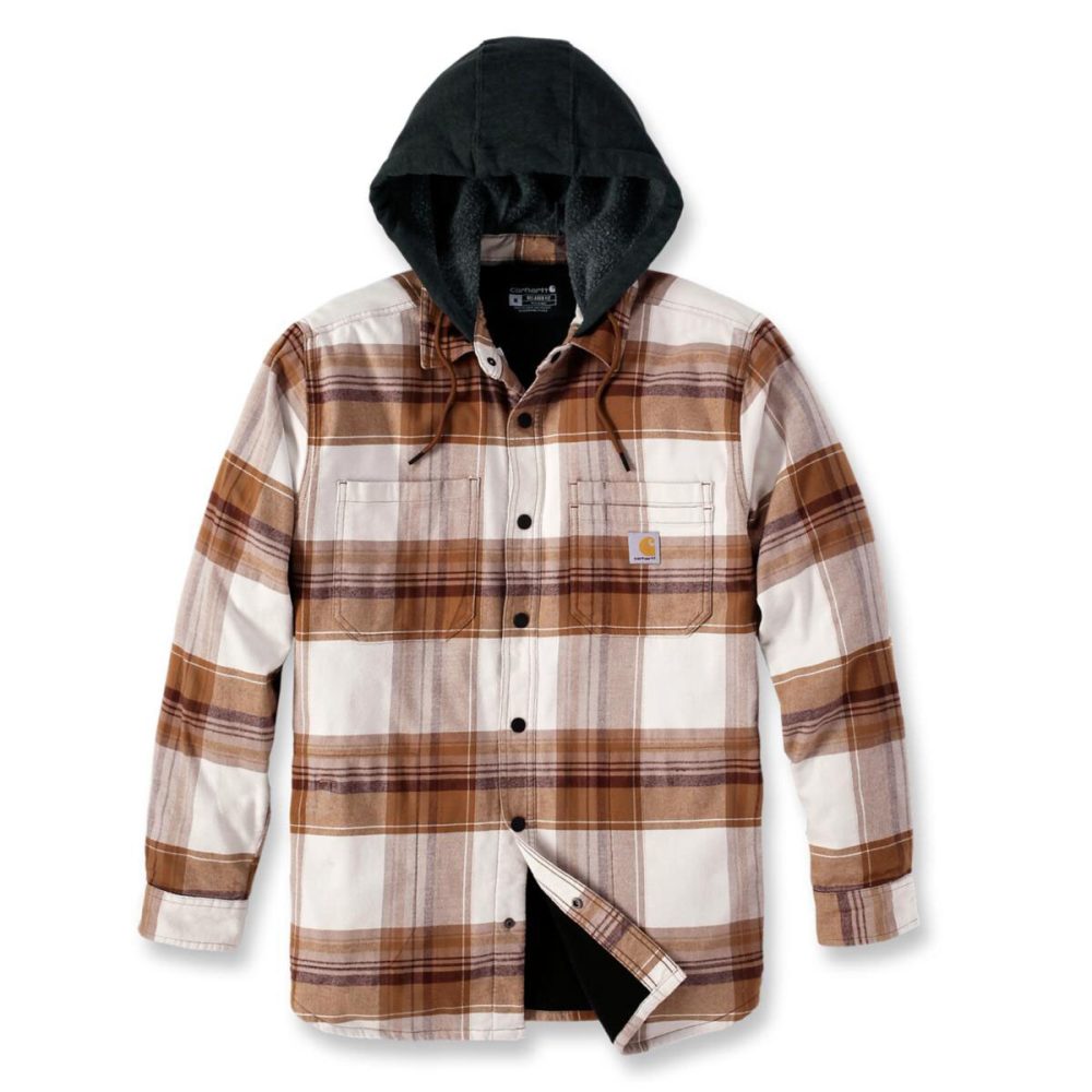 Kjøp Carhartt Flanellskjorte foret med hette, rutete, brun/beige.