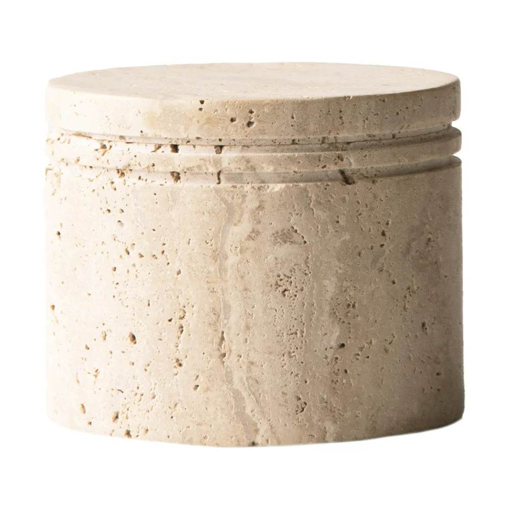 Travertine burk med lock, Ø13 cm